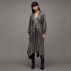AllSaints Estelle Metallic Asymmetric Midi Dress